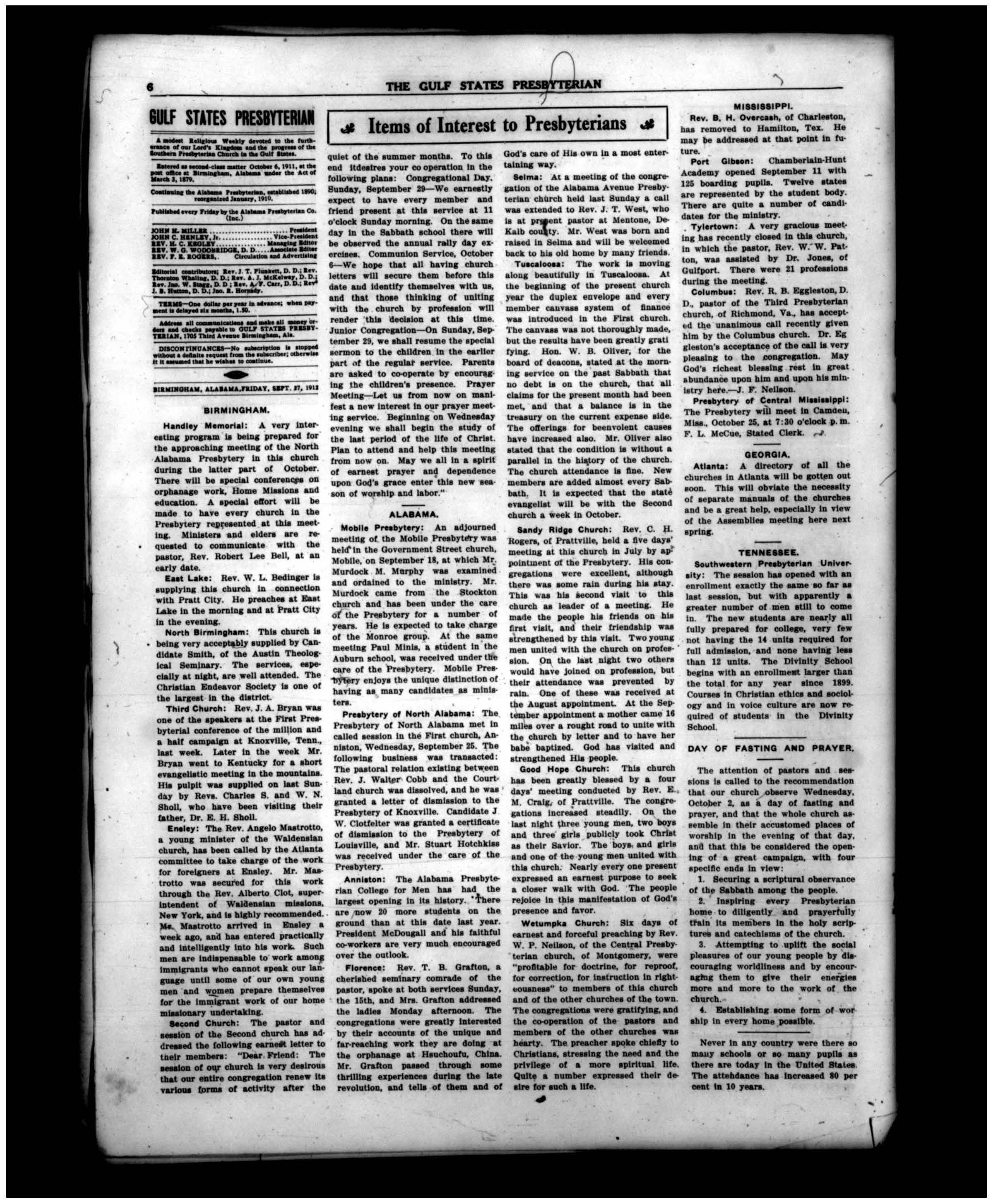 Speaker at First Presbyterial Conference, then to Kentucky